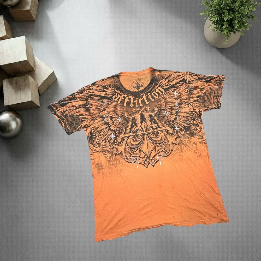 Affliction Mens 2XL Orange Black Graphic T-Shirt Y2K Wings Grunge Skater Tee